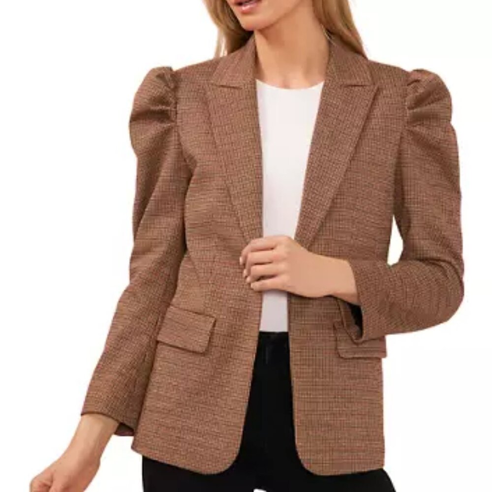 CeCe Puff-Shoulder Open Front Long Sleeve Blazer, Houndstooth plaid, S, NWT - Picture 3 of 8